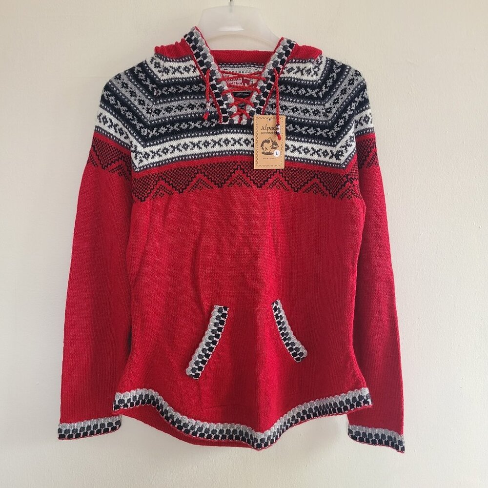 NWT Alpaca Connection Women’s Handmade Hoodie Sweater Red Boho Aztec Size L